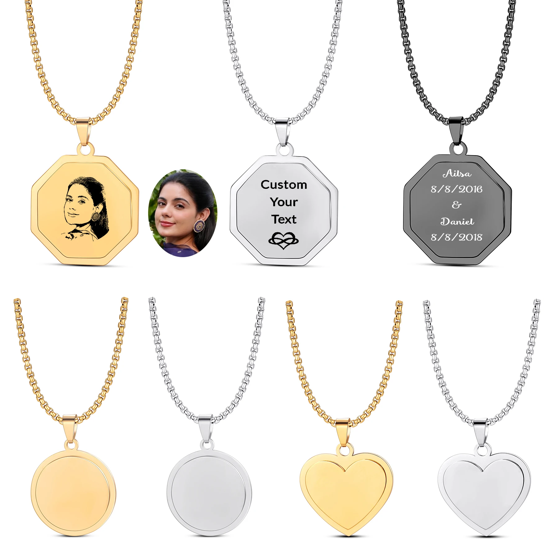 Neue trendige individuelle Halsketten Foto Name gravierte Edelstahl Herz Anhänger Kette Halskette Schmuck für Frauen Männer ID Tag