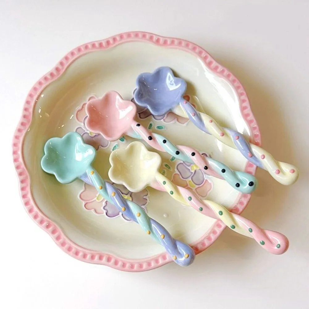 Ceramics Long Handled Spoon Instagram Style Household Stirring Spoon Hand Painted Flower Shaped Coffee porcelain spoon