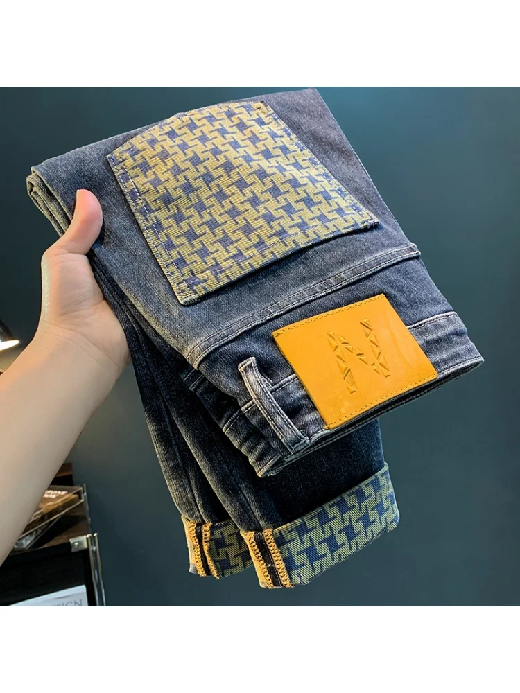 Spring new trendy jeans for MEN'S HIGH END light luxury fashion print elastic casual straight fit loose cotton denim pants