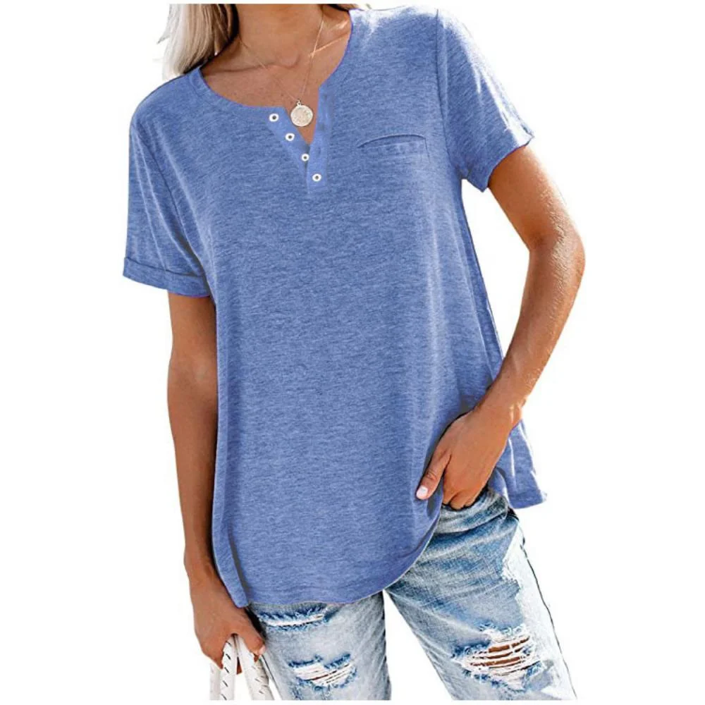 

New Fashion Tshirts Solid Colour Loose Button V-Neck T-shirts Women Sexy Tops Summer Casual Streetwear Tees Elegant Top
