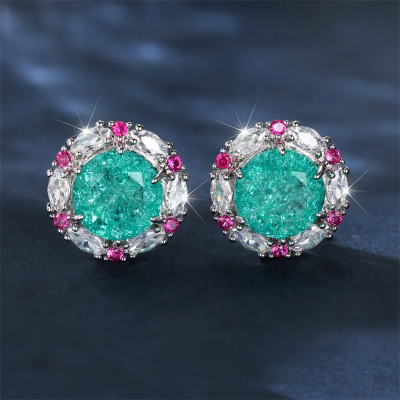 Cute Female Green Round Stone Clip Earrings Charm Silver Color Wedding Jewelry For Women