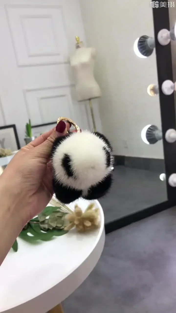 10CM Cute Panda Real Mink Fur Key Chains Plush Toy Pendant Kids School Bag Hanging Ornaments Women Car Keyring Trinkets Gift