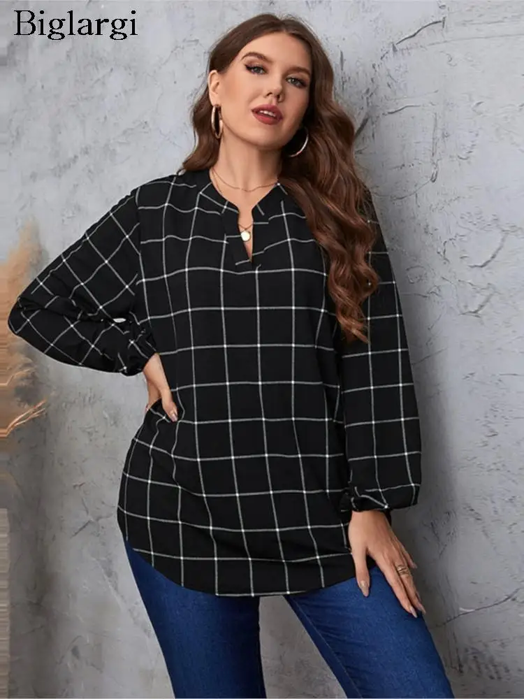 

Plus Size Autumn Tops Women Long Sleeve Plaid Print Loose Ladies Blouses Fashion Casual Woman Tops 2023