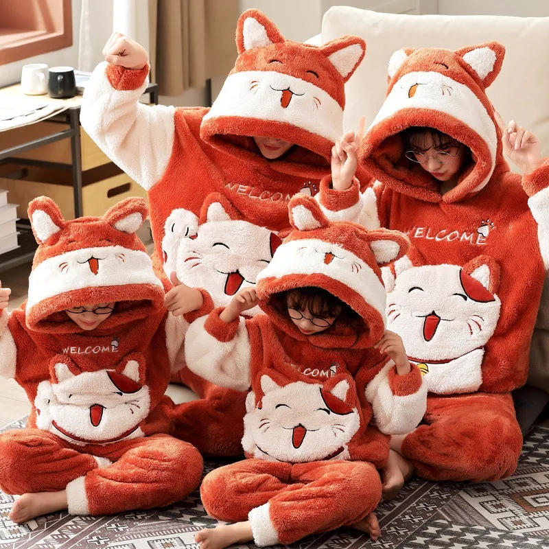Conjuntos de Pijamas gruesos para padres e hijos, ropa de dormir de Anime para hombres y mujeres, ropa de dormir de dibujos animados de gato, trajes coreanos con capucha para invierno