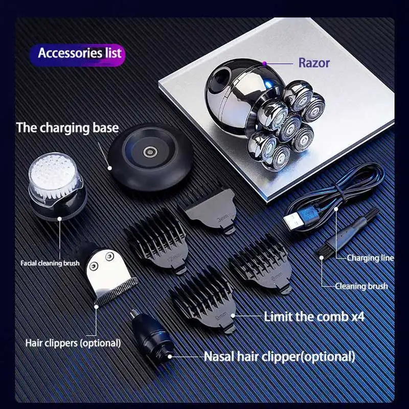7D Floating Head Men's Electric Shaver USB Charging Dock LCD Waterproof Portable Nose Hair Trimmer Bald Razor Machine Shaving