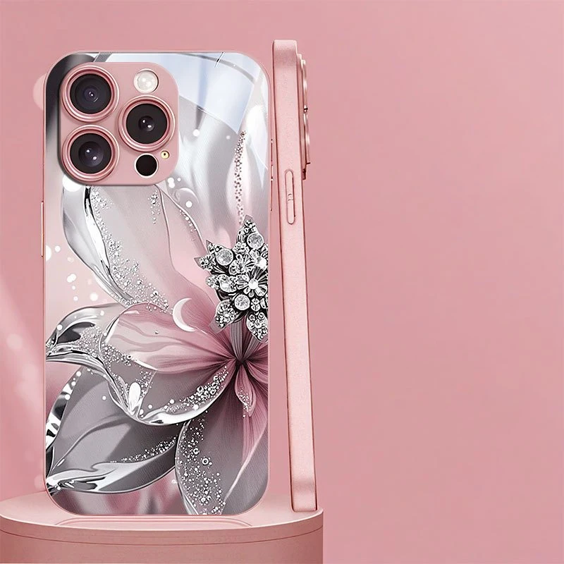 Pink Metallic Glass Phone Case with Silver Textured Floral Pattern