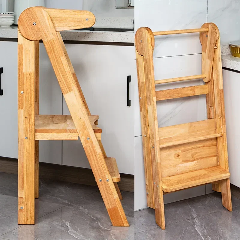 Children's Wash Steps Footstool Baby Footstool Learning Tower Standing Stool With Armrests Non-slip Solid Wood Foldable
