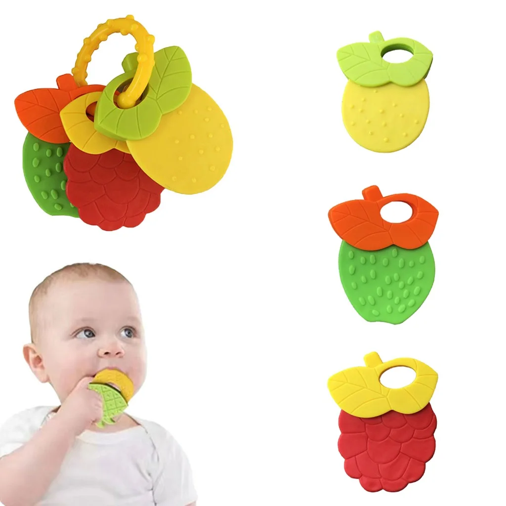 Baby Fruit Style Soft Rubber Rattle Teether Toy Newborn Chews Food Grade Silicone Teethers Infant Training Bed Toy Chew Toys Kid