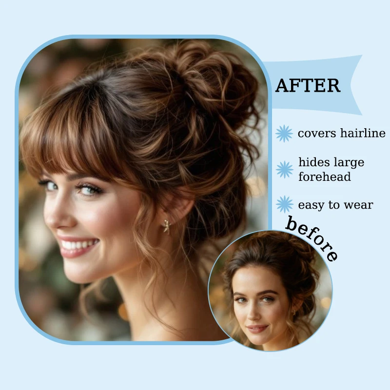 Synthetic Clip in Hair Bangs Wig Wispy Bangs Hair Clip with Wavy Temple Hairpiece Fake Front Bangs Extension for Women Daily Use