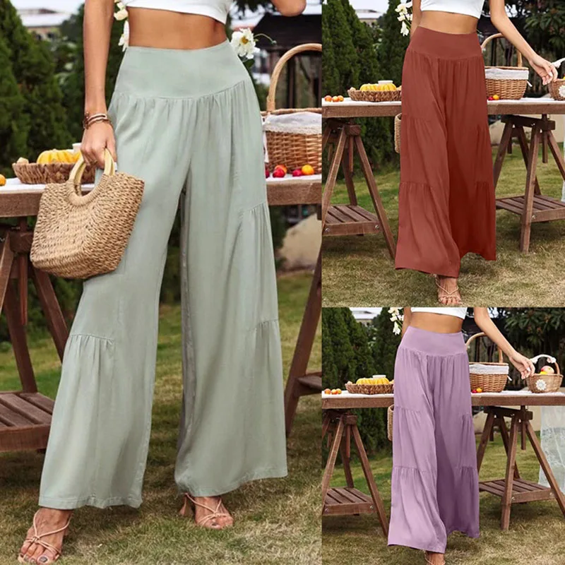 

Bikoles Summer Fashion Empire Women All-match Trousers 2022 Casual Loose Solid Ruched Lady Wide Leg Trousers Female Pants Basic