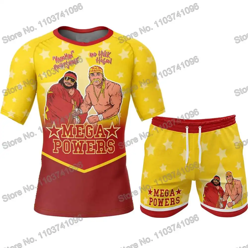 Macho Man Rash Guard Diving T-Shirt Shorts BJJ Boxing MMA Swimwear Men Summer Short Sleeve Surf Clothing Women GYM Tops Sports