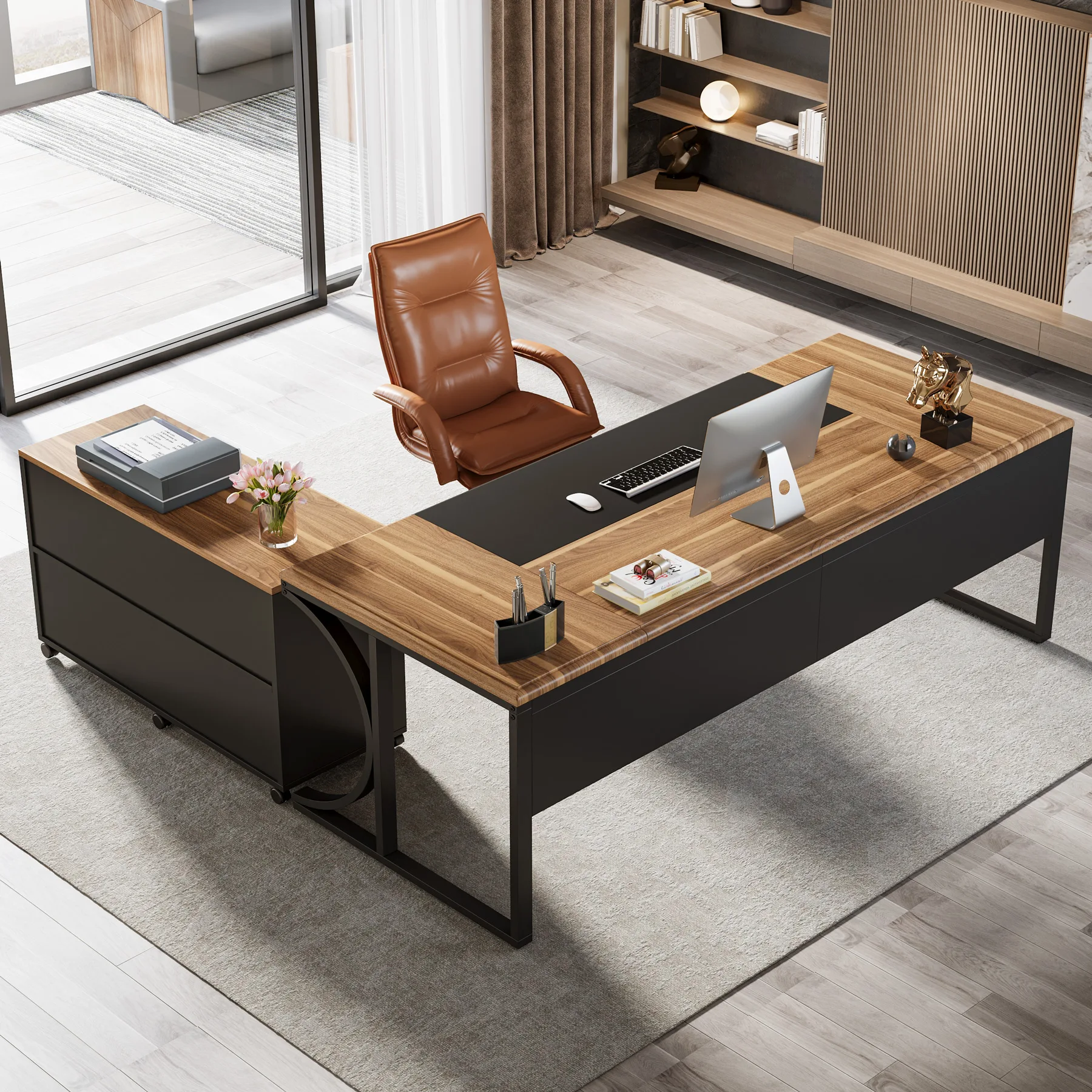 Tribesigns L Shaped Executive Desk and 2 Drawer Led Light File Cabinet Combo, 63 inch Computer Desk Writing Table Furniture Set