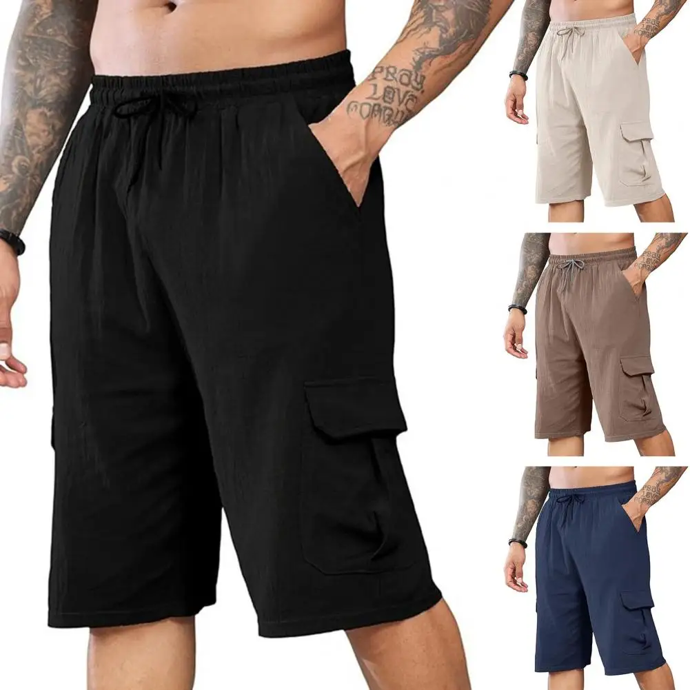 

Multi-pocket Shorts Men's Elastic Waist Cargo Shorts with Multi Pockets for Running Streetwear Solid Color Casual for Summer