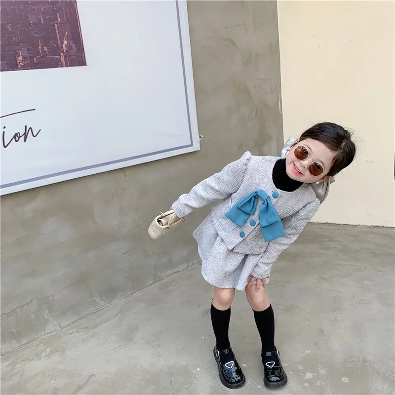 

Spring 2023 Korean Style Girls' Fashionable Bow Jacket Pantskirt Suit