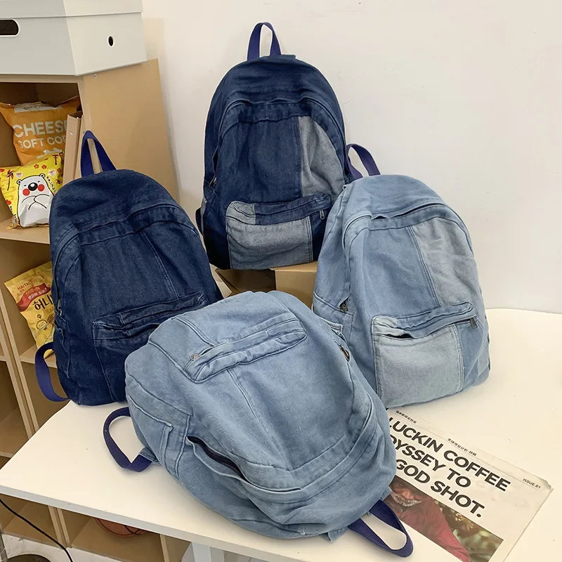 Women's Shoulder Bag 2024 New Art Contrast Color Splicing Fashion Denim Canvas Simple Casual Backpack
