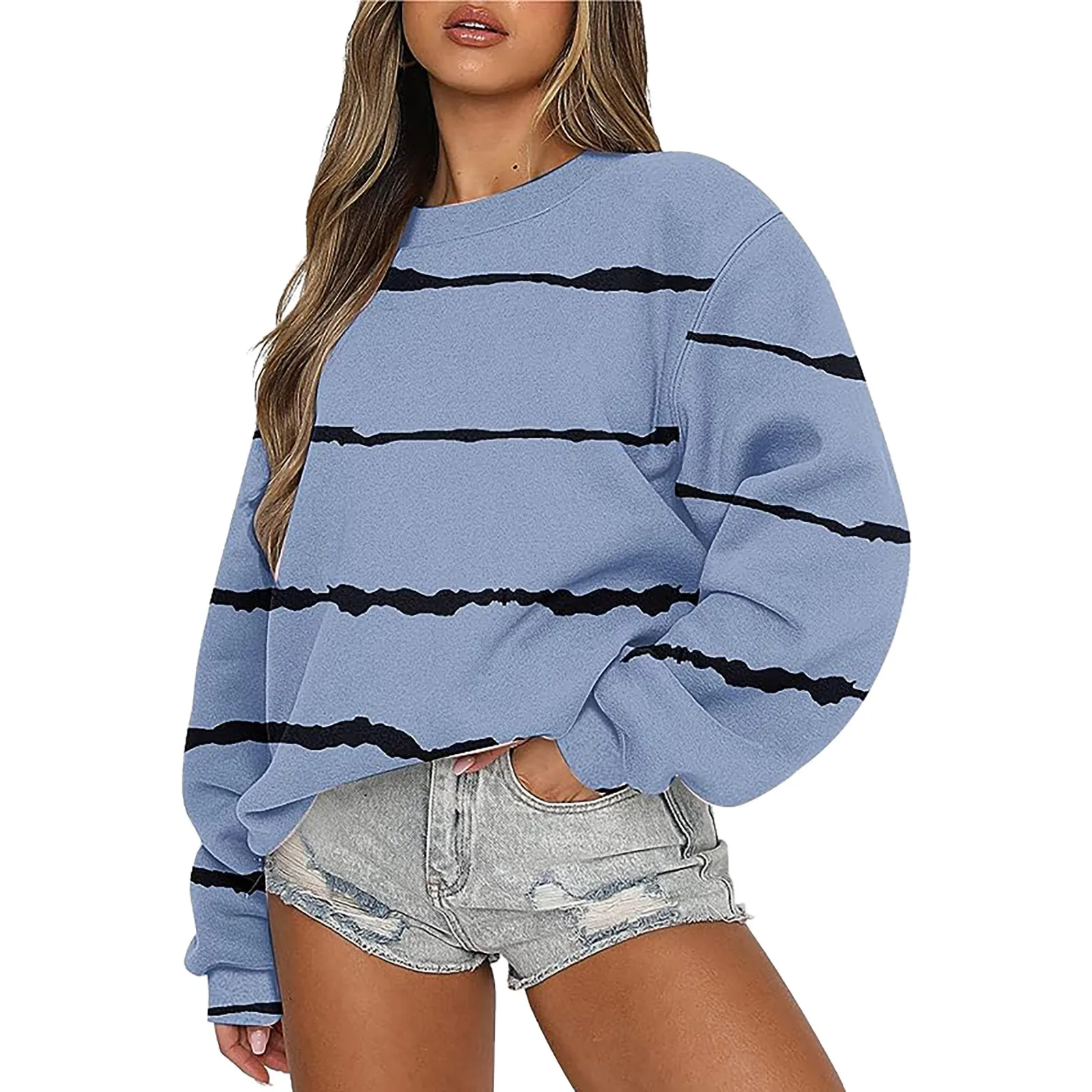 

Women Casual Striped Printing Sweatshirt Comfortable Crew Neck Loose Fit Pollover Daily Long Sleeve Pullover For Ladies Autumn