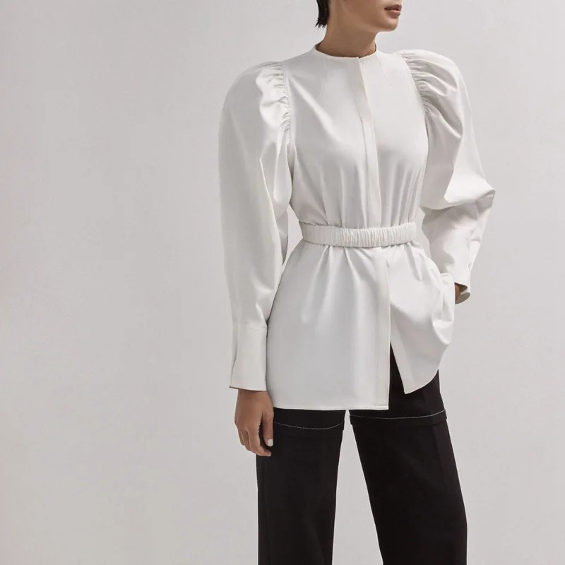 

Women's Shirt Autumn and Winter Casual Round Collar Belt Cotton Long Sleeve Top