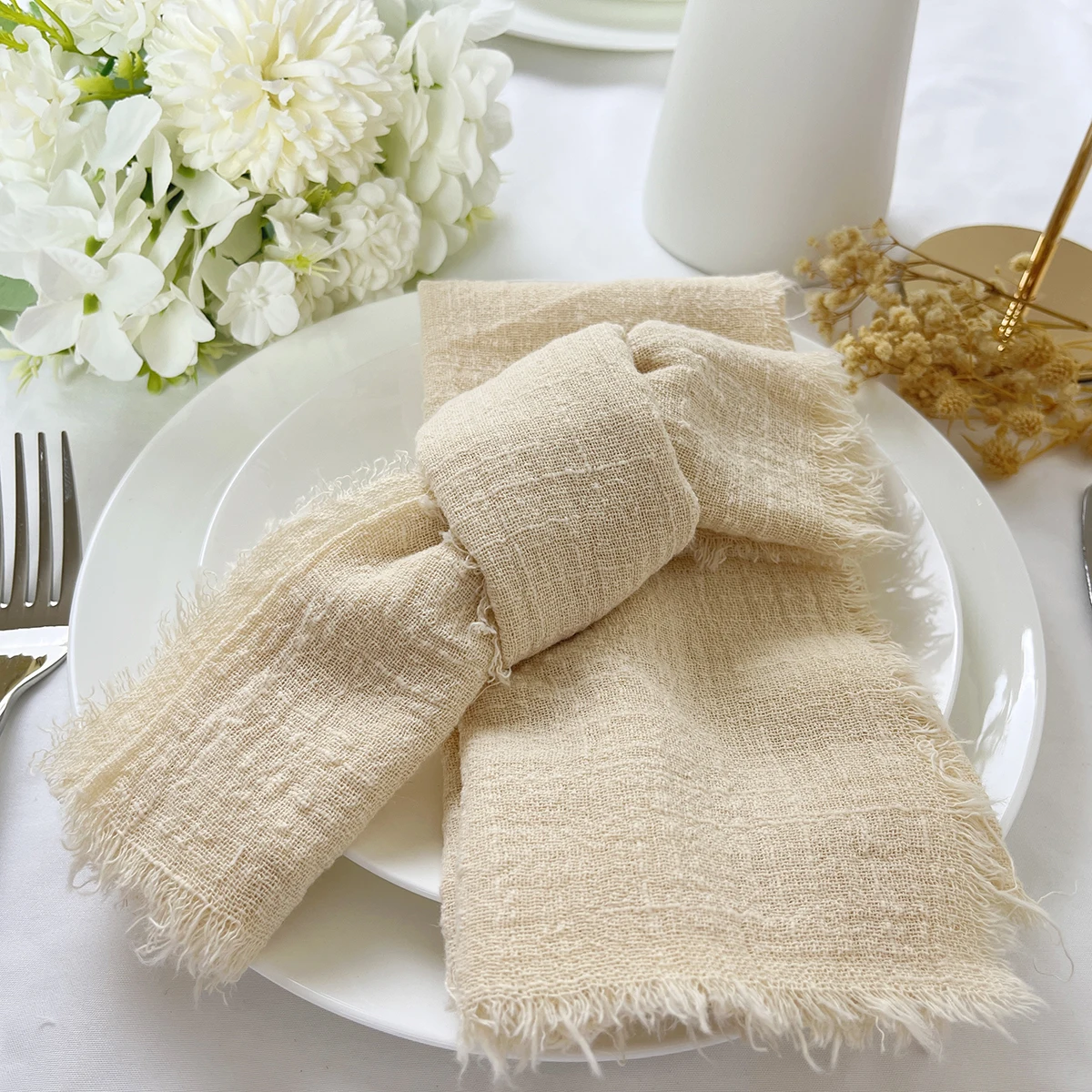 24pcs 32x32cm Wholesale Christmas Beige Gauze Cotton Napkin Reusable Tea Towel Wedding Party Table Decor Retro Burrs napkins