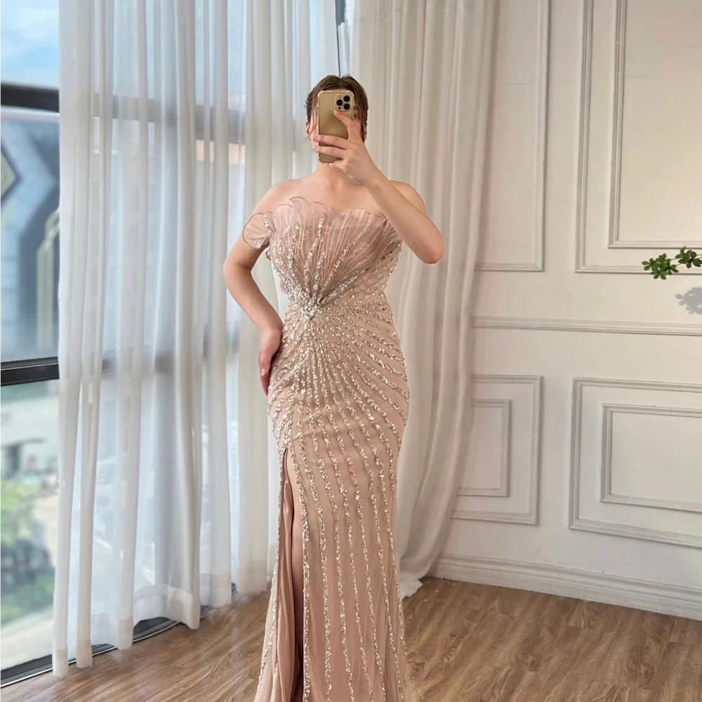 

CERMAE Satin Strapless Mermaid Sequins Populer Prom Gown Evening Floor-Length Formal Elegant Party Dress for Women 2023