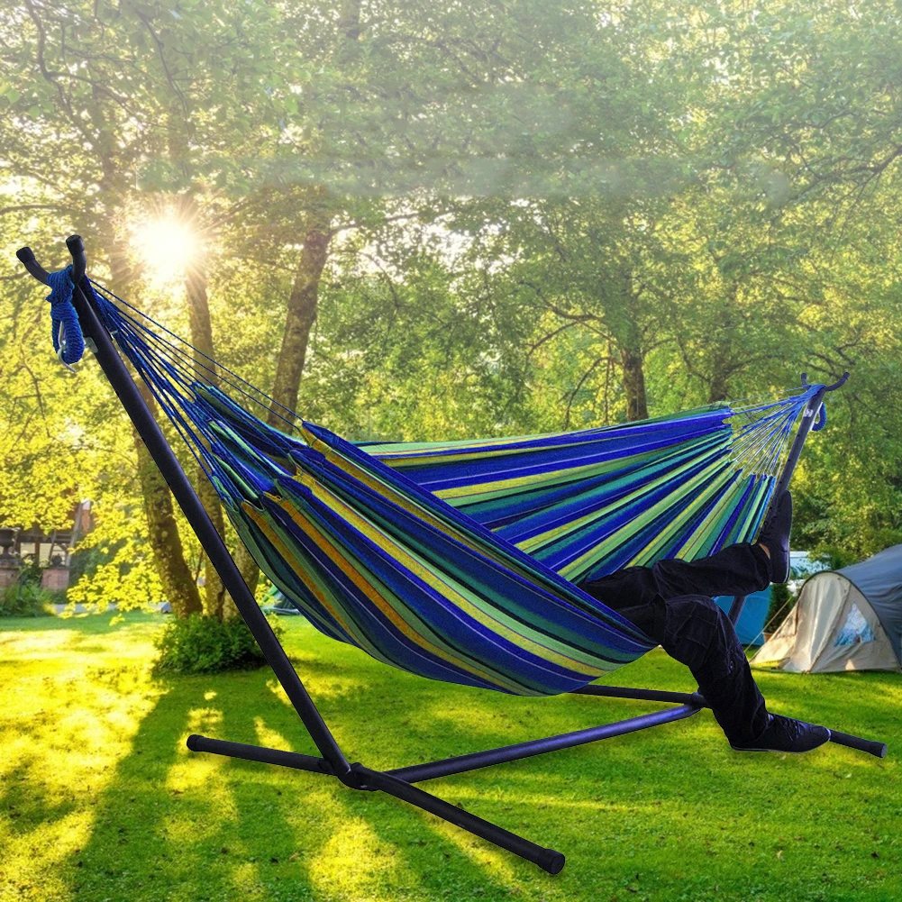 Double Hammock w/Stand, 2-People Hammock & Stand Set w/Storage Bag & Carrying Bag, Outdoor/Indoor Heavy-Duty Portable Hammock 6