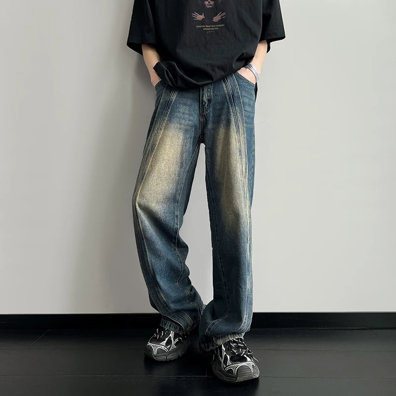 

2023 Men's Streetwear Spliced Color Casual Pants Fashion Trend Loose Retro Jeans Popular Black/Blue Color Trousers S-3XL