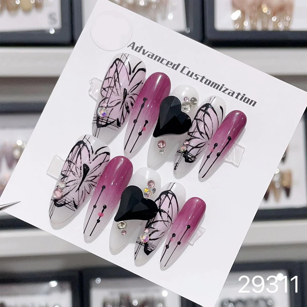 10 Purple Fake Nail y2k Handmade Press On Nails Cool Luxury Black Diamond Butterfly Drawing Full Cover Tips Artificial Manicure