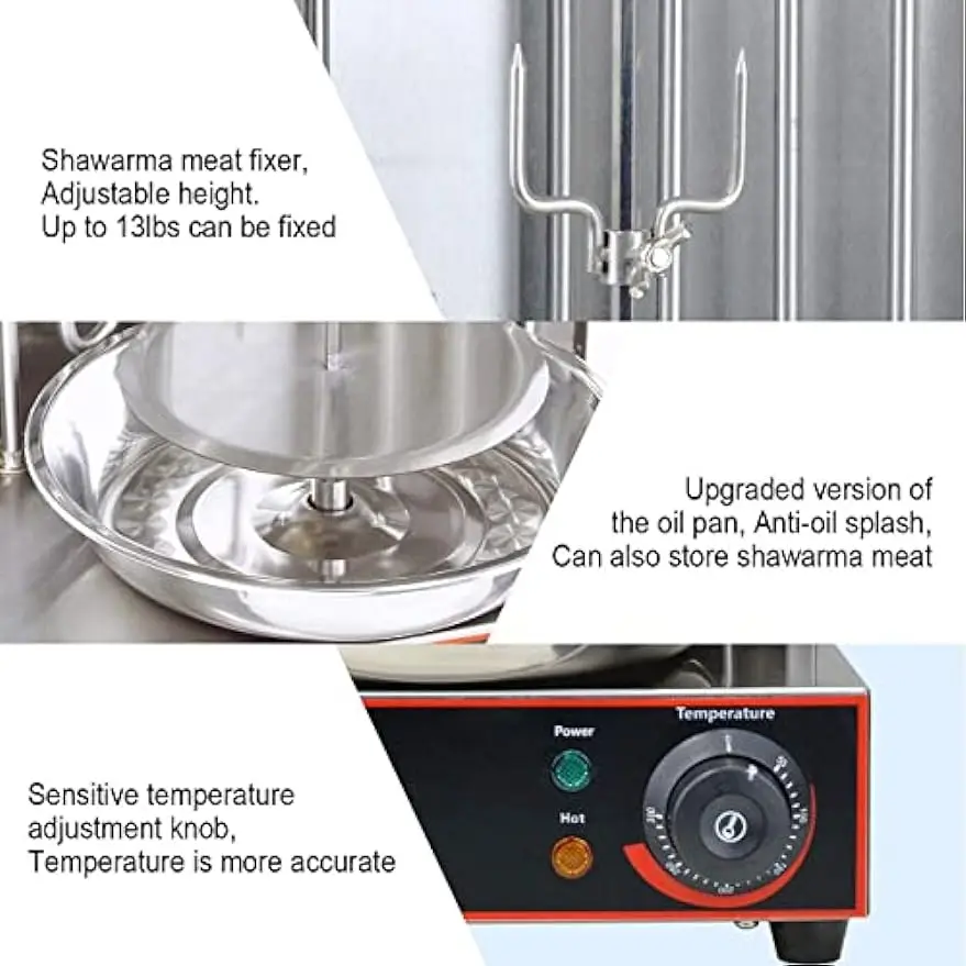 Shawarma Machine Electric Vertical Kebab Grill Gyro Rotisserie Oven Meat Broiler with 2 Heating Tubes Stainless Steel Body 110V 3