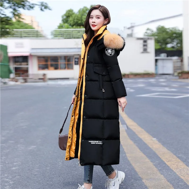 2023 New Women Down Jacket Winter Coat Female Warm Parkas Loose Artificial Fur Collar Outwear Extended Version Hooded Overcoat