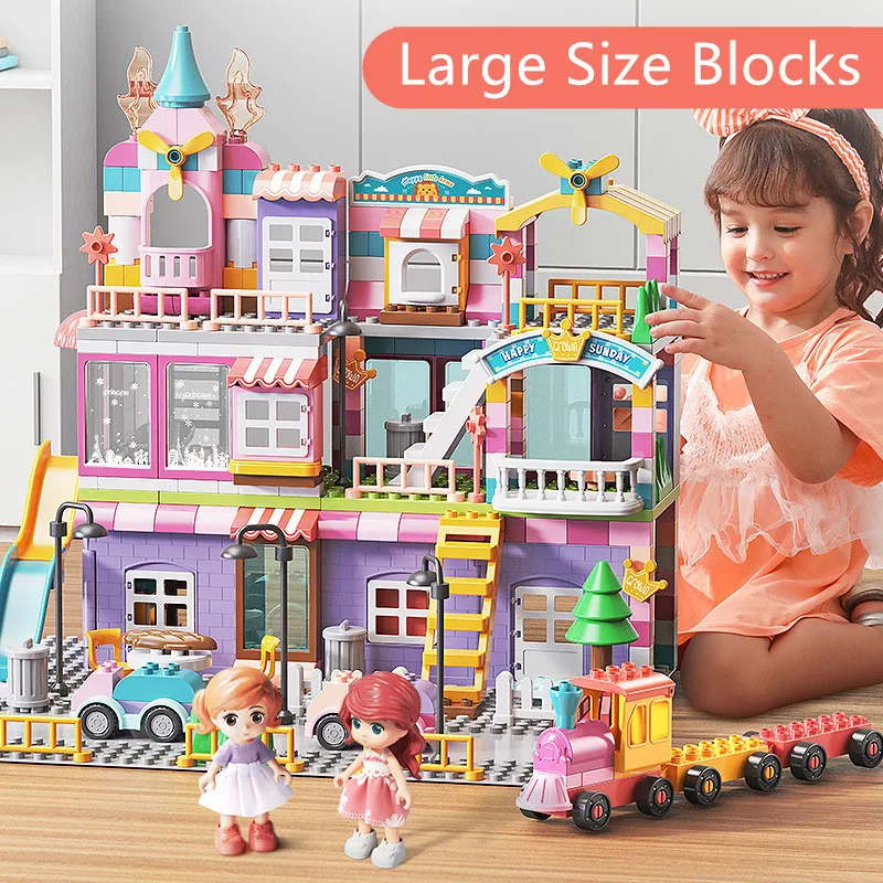 Large Building Blocks Gril Dream Doll House Big Pink Princess Castle Bathroom Bedroom Living Room Compatible Parts Children Gift