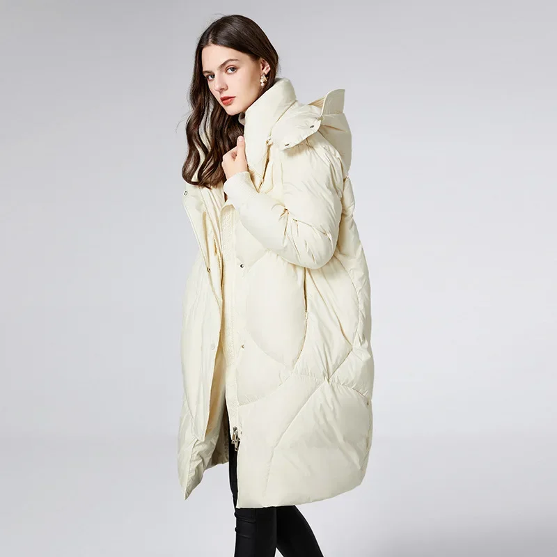 Down jacket women's mid length knee length 2023 winter new white duck down loose and stylish, thickened hooded slimming jacket