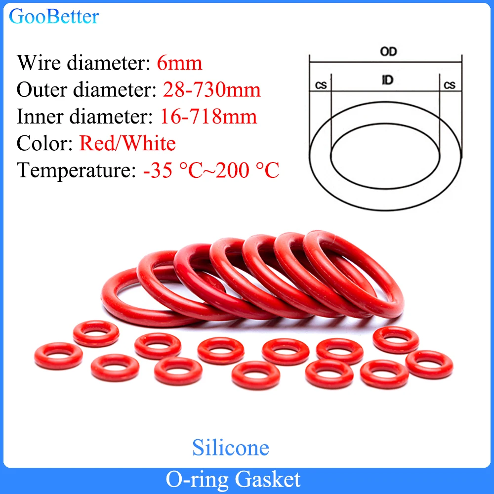 1-10Pcs Red/White Silicone Ring Gasket CS 6mm OD 28-730mm Silicon O Ring Food Grade Rubber Waterproof & Insulated Gasket Washer