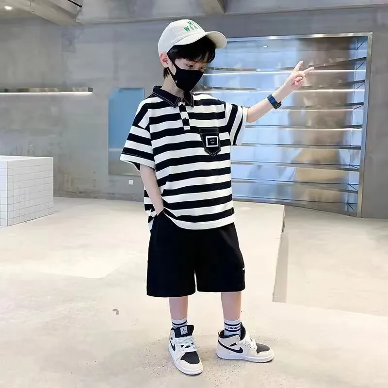 

4-15Y Teenage Boy Cotton Clothing Set Summer Children Striped Pullover Sweatshirts and Side Stripe Pants Two Pieces Tracksuit