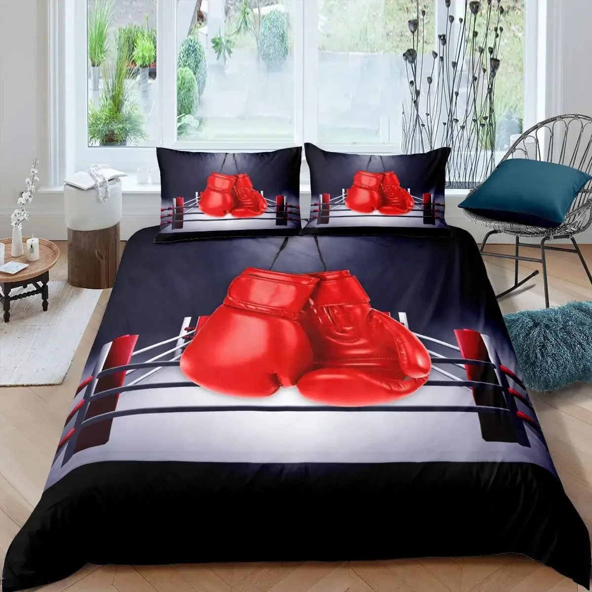 Adult Boxing Duvet Cover Queen Size, Sports Theme Bedding Set Boxing Gloves Duvet Cover, Boxing Pattern Comforter Cover