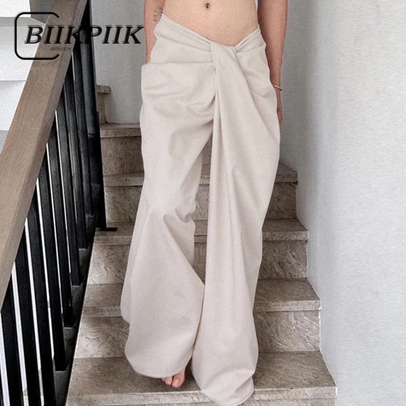 

BIIKPIIK Irregular Waist Women Casual Pants Concise White Shirring Loose Fit Straight Trousers Fashion All-match Elegant Clothes