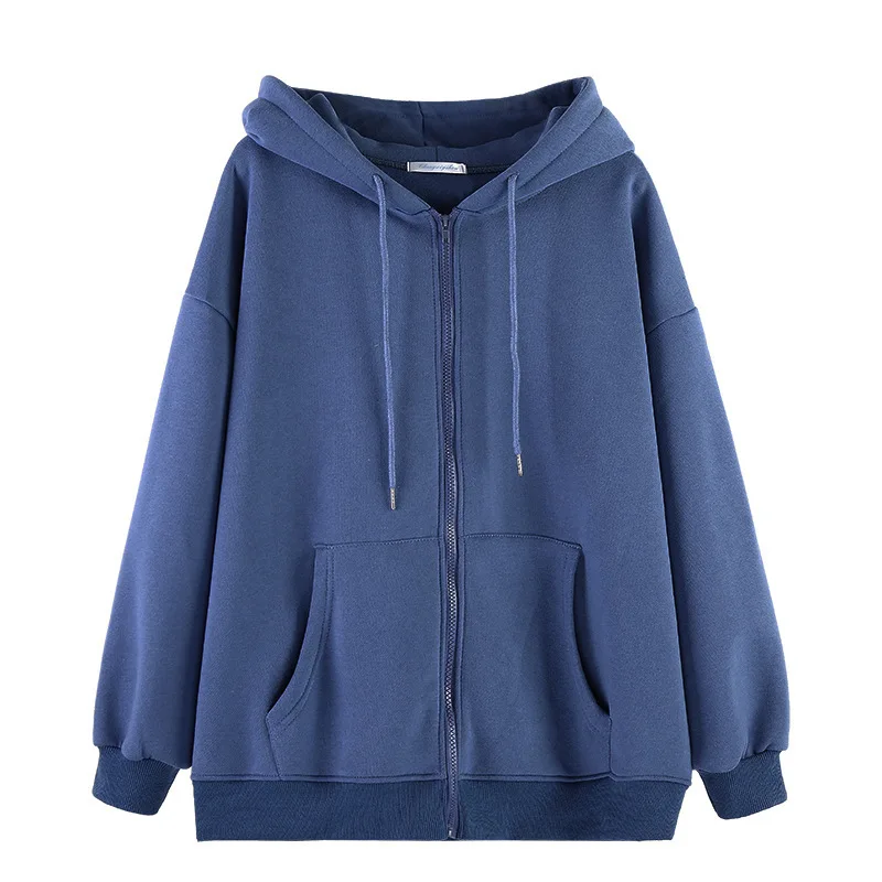 2023 Autumn Winter New Solid Color Hooded Long Sleeve Zipper Cardigan Women Loose Comfortable Plus Velvet All-match Outwear