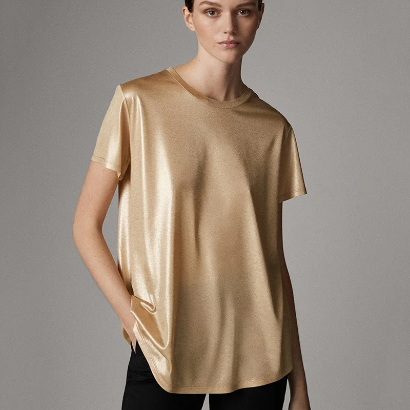 

Summr Glossy Gold Sequin Women's Top Short Sleeve Plus Size Glitter Party Club T shirt