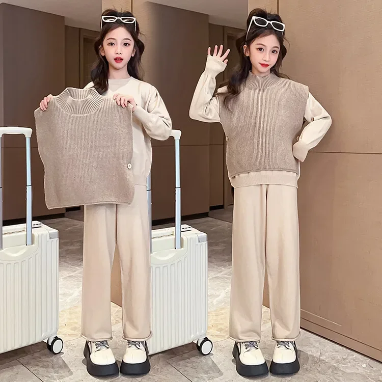 

2023 Korea Spring Autumn Junior Girl Three-piece Set Teenager Girl Sweater Vest+ Sweatshirt+Wide-leg Pants Trusers Kid Girl Suit