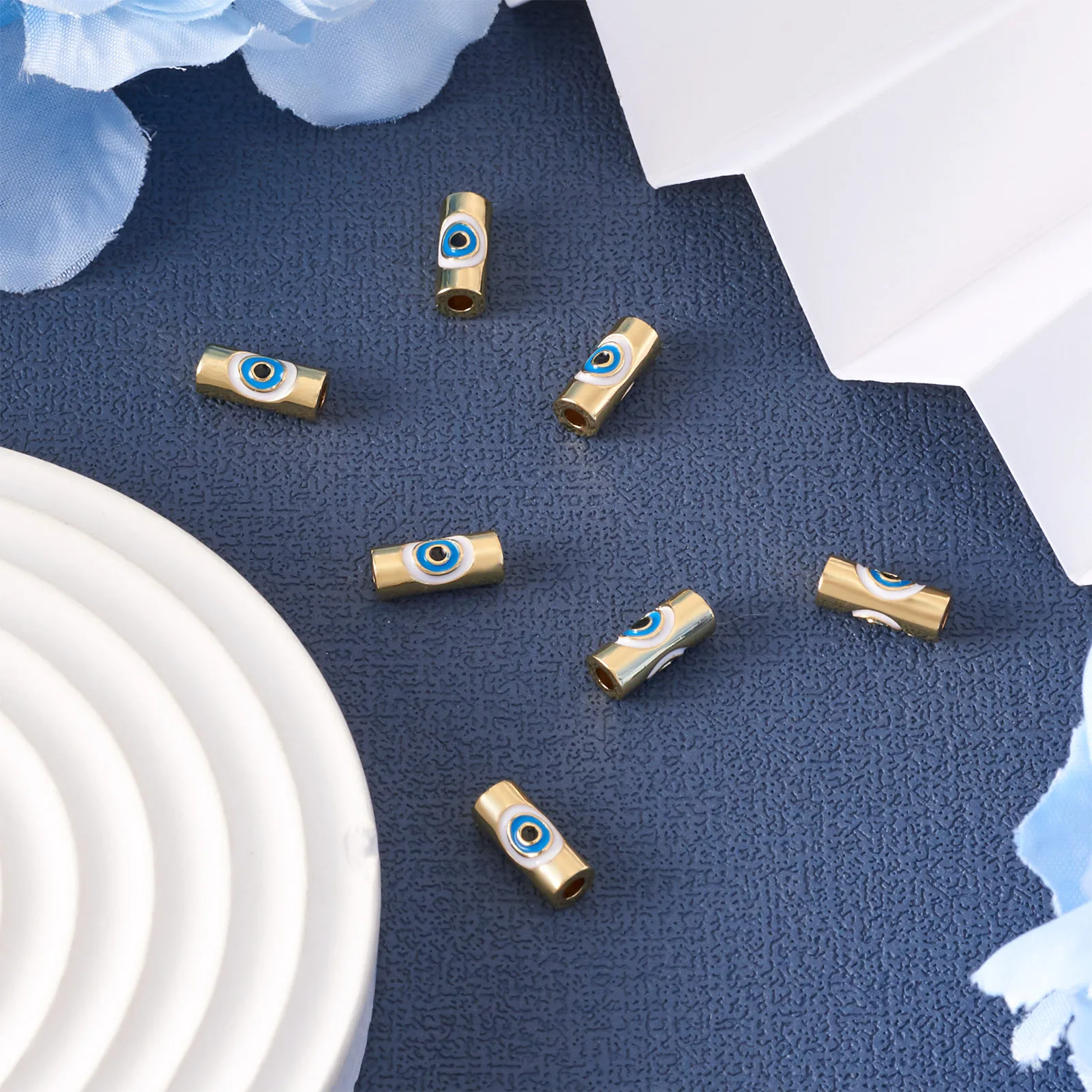 10pcs  Brass Enamel Beads Column with Evil Eye Spacer Beads For Halloween Easter Necklace Bracelet Jewelry Making 7.5~10x4.5~7mm