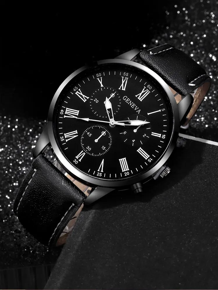 3PCs Fashion Business Casual Men's Belt Quartz Watch with PU Leather Woven Bracelet Necklace Combination Set 4