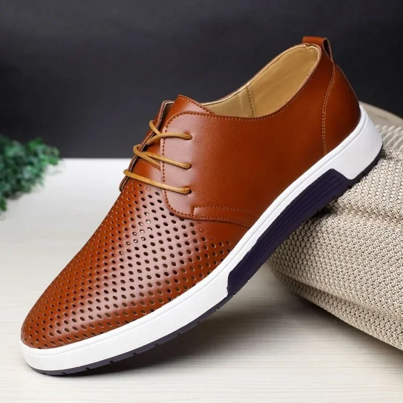 Fashion Hollow Loafers for Men Summer Mesh Breathable Flat Shoes Men's Driving Shoes Lace Up Classic Business Leather Shoes 2024 4