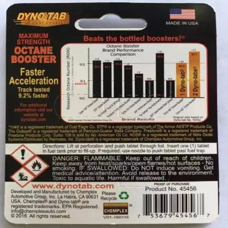 Octane Booster Dynotab&reg; HP for Petrol Only Maximizes Power Increase Fuel Economy Eliminate Knock and Ping Made In USA
