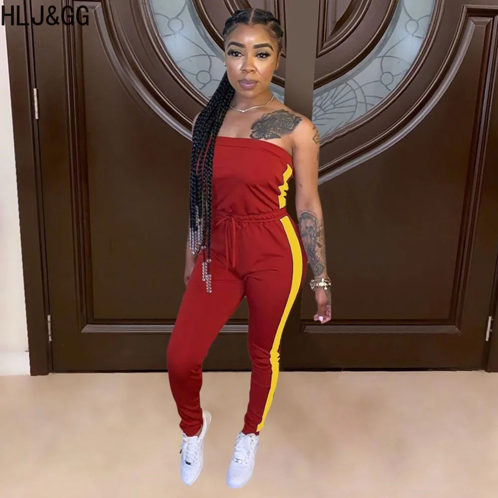 HLJ&GG Spring New Off Shoulder Bandage Sporty Tube Jumpsuits Women Sleevless Backless Playsuits Female Stripe Print Slim Overall