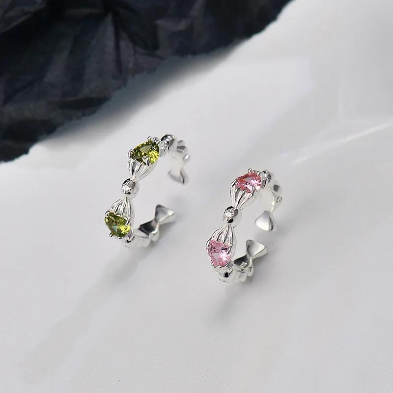 

925 Silver Green Pink Bow Zircon Adjustable Rings For Women Vintage Luxury Jewelry Wholesale Free Shipping Everything Jewellery
