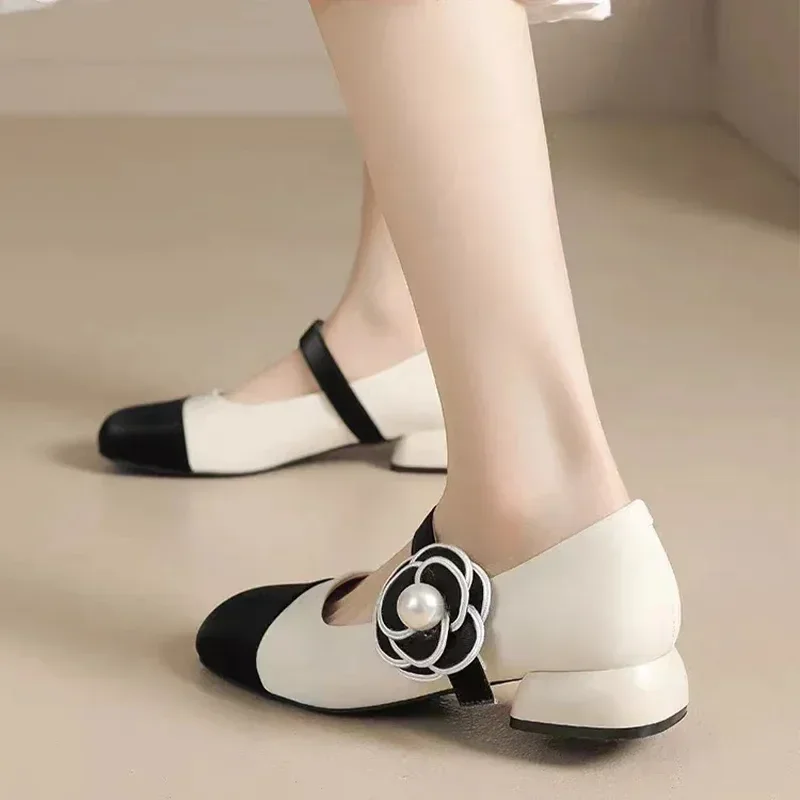 NEW Bead Flower Women Shoes 2024 Spring Mid Heels Shoes New Fashion Chunky Dress Lolita Shoes Shallow Pumps Fashion comfort