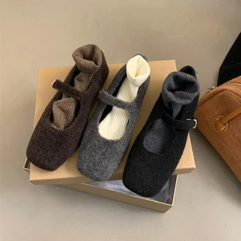 Fashion Square Toe Fleece Flet Ballet Flats Woman Winter Warm Wool Mary Jane Shoes Ladies Brand Design Elegant Plush Loafers