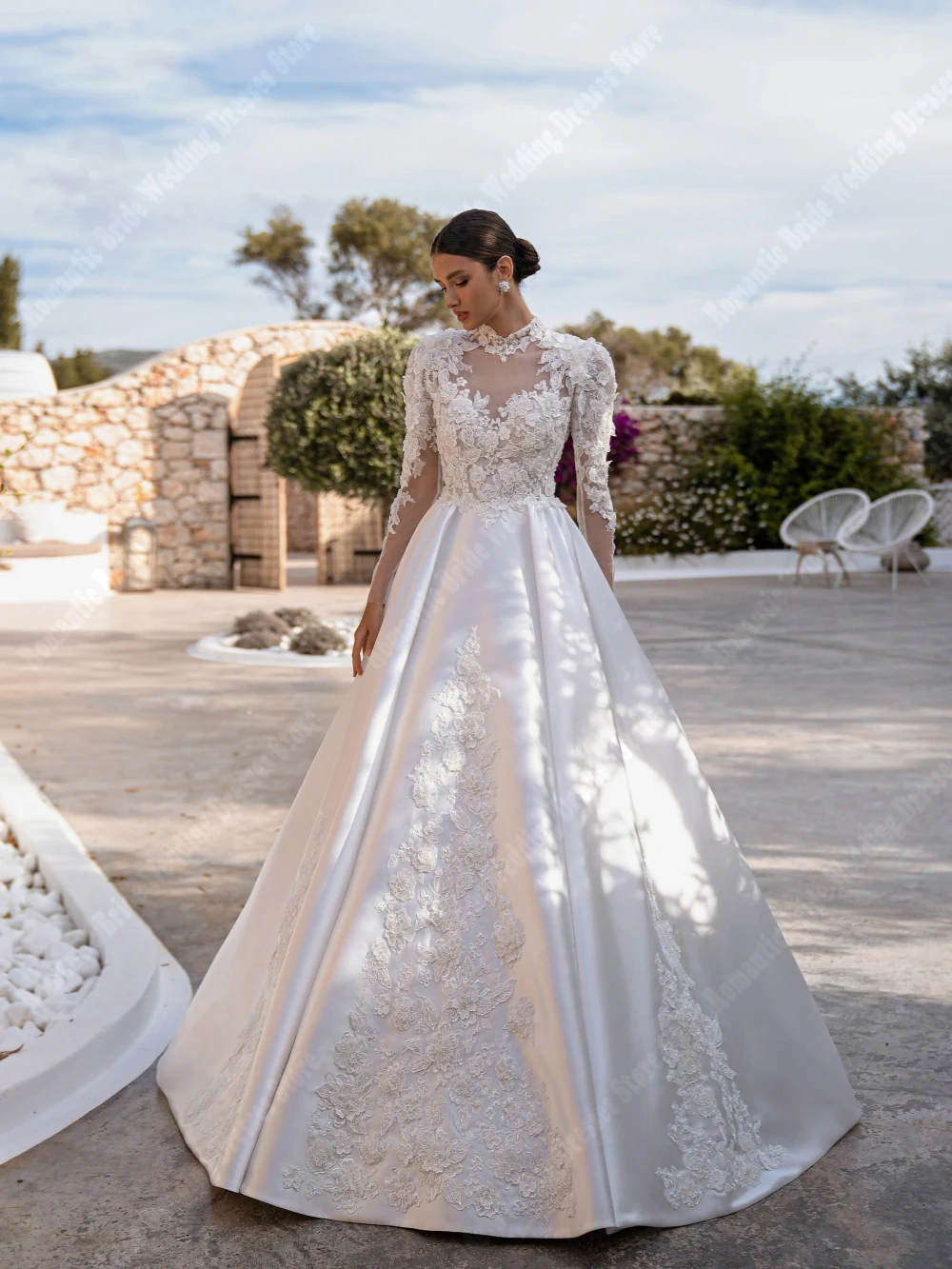 Elegant A-Line Women Wedding Dresses Popular Bright Satin Bridal Gowns Bohemian Lace Floral Print Vestido De Novias Customized 3