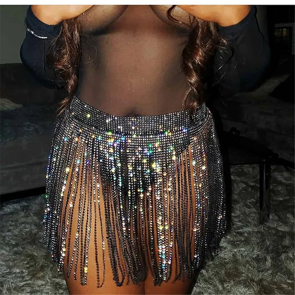 

Glitter Rhinestone Long Tassel Jewel Skirts Crystal Diamonds Fringe Adjustable Sexy Women Summer Beach Bikini Mini Skirt