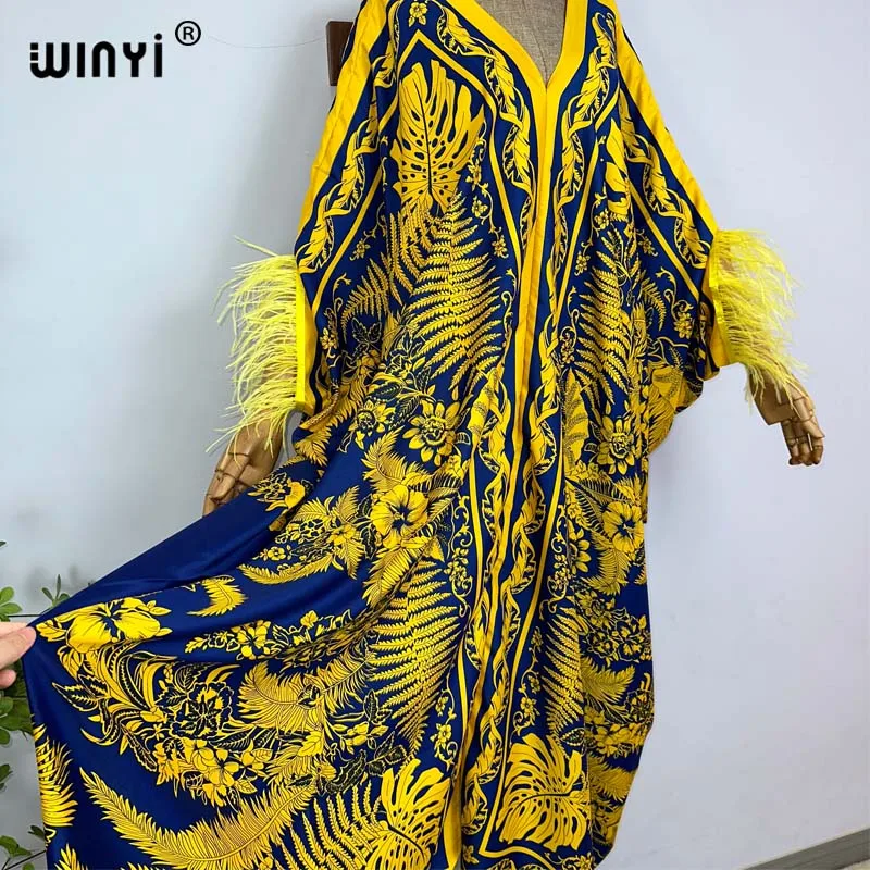 2023 WINYI beach Dresses For Women fashion print V-neck Kaftan Clothes Sexy Boho Feather Sleeve Robe Evening Long dress