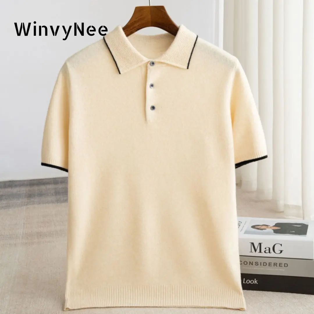 WinvyNee Man's Clothing Turn-Down Collar Solid Fitted Slightly Stretchy Half Sleeve Knitted Wool Pullover Autumn Winter M1103040