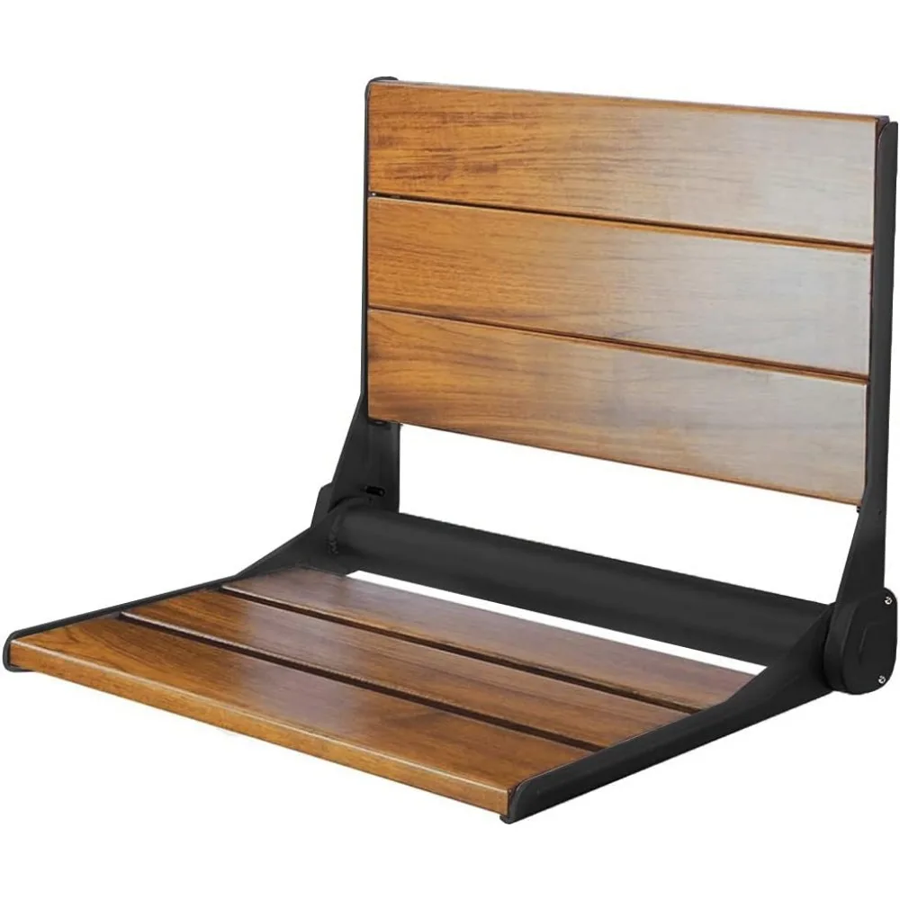 18" Wall-Mounted Folding Serena Teak Wood Shower Bench Seat with Matte Black Frame, Clear Coated for Extra Protection 6